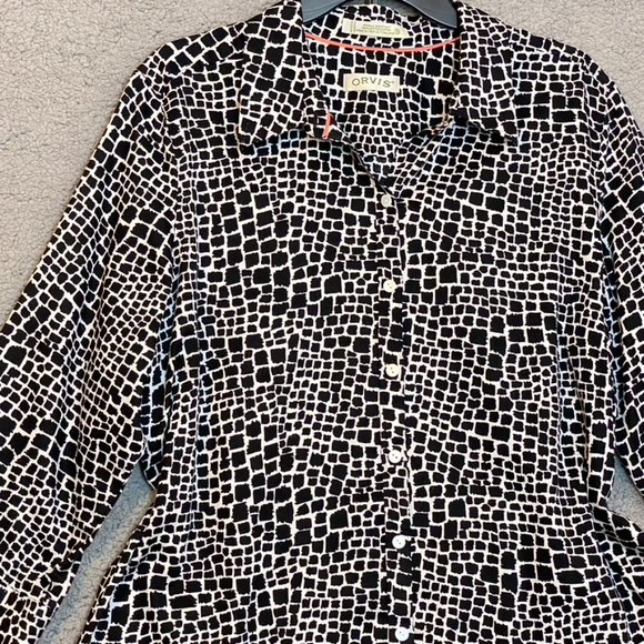 Orvis Wrinkle Resistant Button Up Blouse Black & White Print Size 18 - Picture 7 of 14